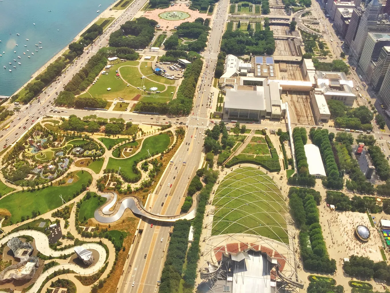 Aerial view of Maggie Daley Park, Millennium Park, and Lake Michigan